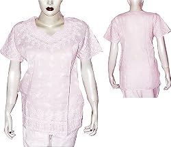 Lady Shirt Cotton Short Sleeve Top Blouse Chikan Embroidery Size M (ctop437)
