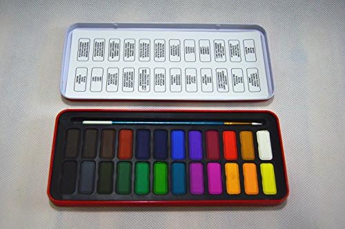 Morishin- 24 Artist's Watercolor Paint Set,For Kids Adults Beginners and Professionals (Red With Tin Metal Case, Brush, Mixing Tray, 24 Paint Ca)kes, Vibrant Colors