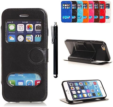 Compact, Elegant, Stylish Dustproof Sunscreen Answer without Open Case Black View Window Flip PU Leather Wallet Case Cover with Stand Card Slots for Apple iPhone 6 4.7 Inch-Black