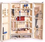Hinged wooden box with 41 junior carpentry tools