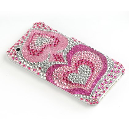 Premium Luxurious Designer Hard Diamond Crystal Snap-on Case for Apple iPhone 3G, 3GS 3G-S – Hot Pink Silver with Two Hearts Crystals