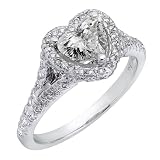 14k White Gold Pave Set Natural Heart Diamond Engagement Ring Split Shank (1.64 Cttw, SI-1 Clarity, H Color)