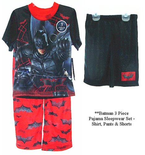  Batman Boys Red & Black 3 Piece Pajama Sleepwear Set - Shirt, Pants & Shorts
