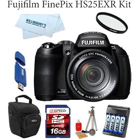 Fujifilm FinePix HS25EXR Digital Camera (Black) + UV Filter + 16GB Memory Card + Card Reader + Padded Camera Case + Cleaning kit + Spare Battery charger + Spare Battery Pack + Cleaning Kit + Mini Tripod