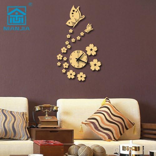 TONPAR Crystal 3D Home DIY wall sticker Butterfly mirror wall clock , golden mirror