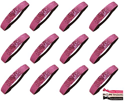 Glitter Headbands 12 Pack Pink by Kenz Laurenz - Elastic Stretch Sparkly Fashion Headband for Teens Girls Women Softball Pack Volleyball Basketball Sports Teams Set Hair Accessories Store