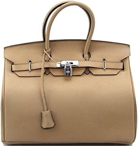 Genuine Leather Designer Inspired Fashion Satchel Handbag With Padlock (Grey+Silver Hardware)