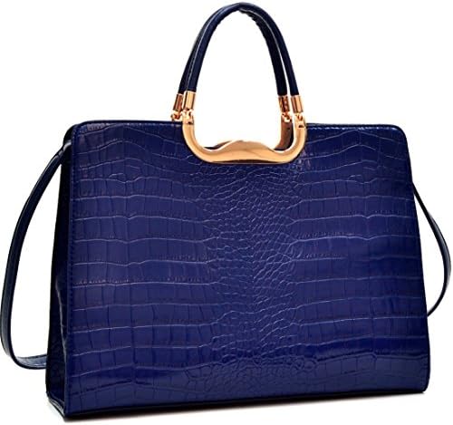 Dasein Rolled Handle Faux Croc Briefcase with Removable Shoulder Strap - Navy