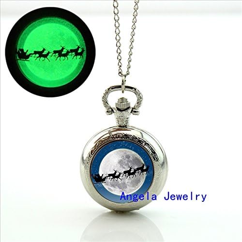 Pretty Lee Fashion Glow in The Dark Santa Claus Pocket Watch Necklace Santa Claus Glass Locket Necklace