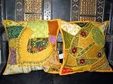 2 Yellow Gujrati Embroidered Sari Toss Pillow Cushion Covers