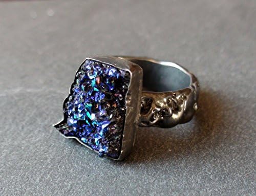 One of a kind oxidized Sterling Silver ring with free form Titanium blue Druzy quartz cabochon, US size 7.25 - London Assay Office hallmarked