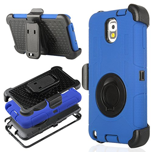 Note 3 Case, Galaxy Note 3 Case - ULAK Shockproof Hybrid Rugged Rubber Holster Case Cover for Samsung Galaxy Note 3 N9000 w/ Swivel Locking Belt Clip Kickstand (Black+Blue)