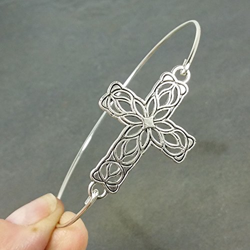 Ornate Sideways Christian Cross Bangle Bracelet - Sterling Silver Filled CC5