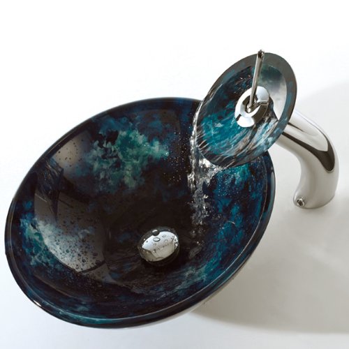 Boulder Opal 14 inch Glass Vessel Sink and Waterfall Faucet C-GV-430-14-12mm-10AB: 16.5