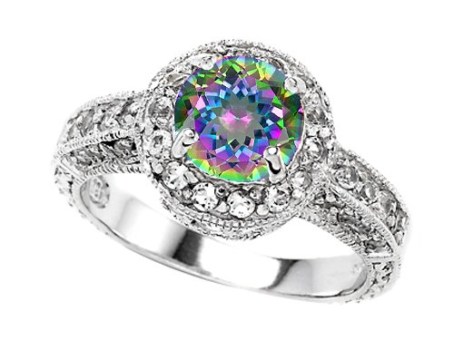 2.10 cttw 925 Sterling Silver 14K White Gold Plated Genuine Round Mystic Topaz Engagement Ring - Gold Plated Silver