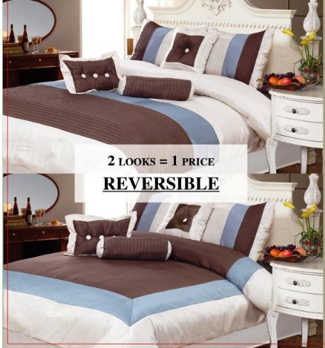 7 Piece Christie Reversible Beige / Blue / Brown Comforter Set, Pin Tuck Reverse to Border Design, Bed in Bag, Queen Size 7 Piece Christie Reversible Beige / Blue / Brown Comforter Set, Pin Tuck Reverse to Border Design, Bed in Bag, Queen Size