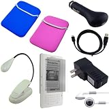 Amazon Kindle 2 eBook Reader / Electronic Reading Device Accessory Bundle Combo: Reversible Blue / Pink Neoprene Sleeve Case, USB Data Cable, Car Charger, Wall / Travel Charger, eBook Reader Light, Premium Earphones, and a Screen Guard / Protector with Lint Cleaning Cloth