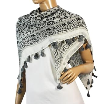 Leopard Print Floral Zebra Border Dangling Coins Tassels Cotton Sheer Square Scarf Shawl Sarong - Various Colors