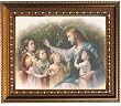 Jesus with Children in Wood Frame with Golden Trim, 11.25" x 13.25" - MADE IN ITALY