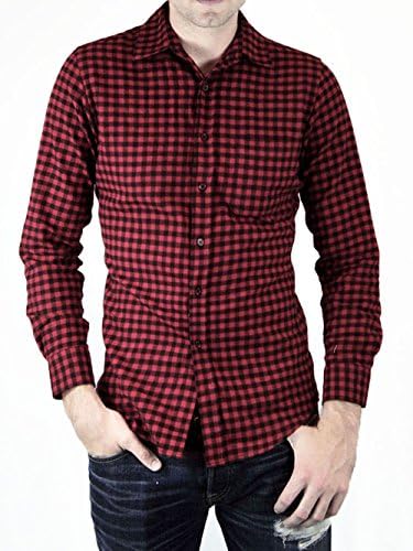Mens Flannel Checker Shirts Plaid Long Sleeve Trim Fit NMT0008 (Large)