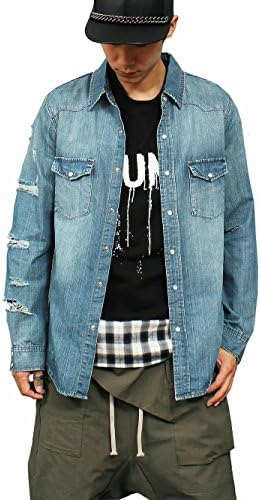Vintage Damage Cut Distressed Faded Blue Denim Shirt