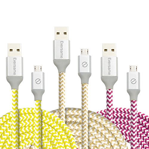 Micro USB Charger, Eversame 3 Pack 6Ft 1.8M Premium Nylon Braided High Speed Sync Charger Cord with Aluminum Shell For Android, Samsung Galaxy S6 Edge Plus/Note 5, HTC and More(White Yellow Hot Pink)