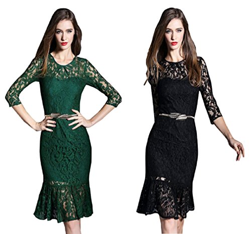 【ARINCO】 レース マーメイド ドレス ワンピース 七分袖 レディース S M L XL ブラック グリーン 全２色 春 夏 結婚式 二次会 パーティー お呼ばれ セクシー