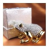 Gold Tone Sitting Frog - Ring Jewelry Gift Trinket Box with Silver Colored Swarovski Crystals