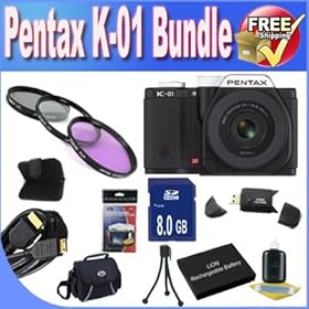 Pentax K-01 16MP APS-C CMOS Compact System Camera With 18-55mm and 55-200mm Lens (Black) + Extended Life Battery + 8GB SDHC Class 10 Memory Card + USB Card Reader + Memory Card Wallet + Deluxe Case w/Strap + Shock Proof Deluxe Case + Mini HDMI to HDMI Cable + 3 Piece Professional Filter Kit + Access