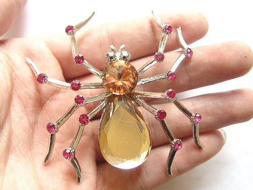 Dazzling Topaz Bead Fuchsia Crystal Rhinestone Spider Costume Jewelry Pin Brooch