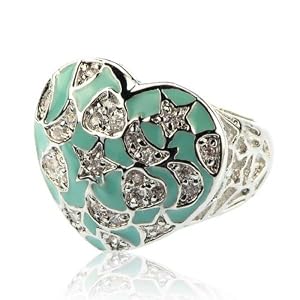 Designer Inspired Turquoise, Silver Crystal Heart Ring Size 8 Fashion Jewelry
