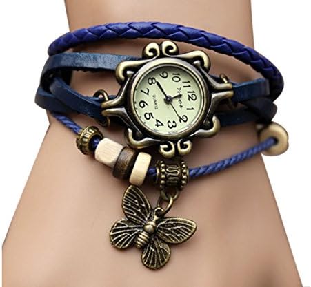Tricess Women's Fashion Butterfly Pendant Quartz Retro Weave Wrap Around Leather Bracelet Wrist Watch Blue