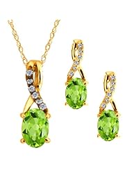 1.61 Ct Oval Green Peridot Gemstone 14k Yellow Gold Pendant Earrings Set