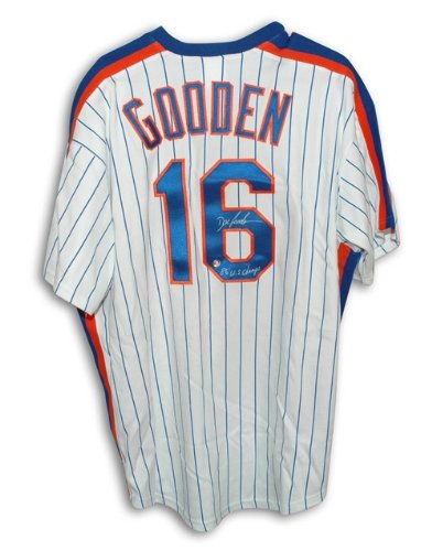 Dwight Gooden Autographed/Hand Signed New York Mets White Pinstripe Majestic Jersey Inscribed ''86 W