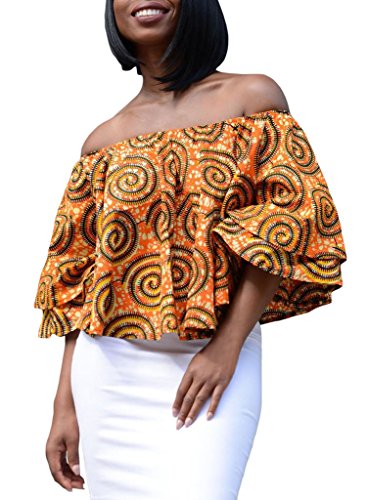 Annflat Women's Colorful African Print Off the Shoulder Casual Blouse Tops