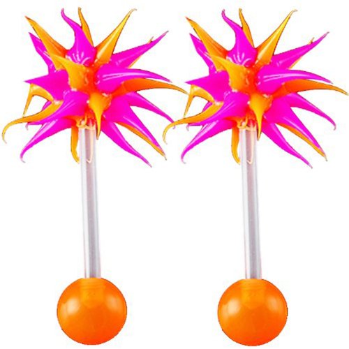14g 14 gauge 1.6mm, 5/8" inches 16mm long - Acrylic tongue bars bar tounge nipple barbell straight ear earring with 6mm ball koosh Pink Orange - Pierced Body Piercing Jewelry Jewellery - Set of 2 ADMO