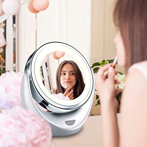 KIMI STAR LED Lighted Magnification Two-side Desktop Countertop Makeup Vanity Mirror 1x / 5x Magnifying Rotate 360° Adjustable Angle Diameter 4.4inch 