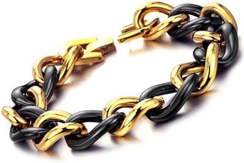 Superior Trade Fashion Jewelry Fashion Unisex Tennis Bracelets Classical Gift Black Ceramic And Gold Plated Stainless Steel Link Chains Wristband 8.07 Inch Length 16mm Width 61g Weight