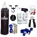Vinyl Black Punch Bag Sets 4 feet with Free Chrome Plated chain, Bag Mitts, Heavy dute Metal Ceiling Hook, Nylon Skipping Rope Blue, Boxing Glove UK Flagged Miniature and novelty, Boxing Gloves Key Chain Black and Blue Hand Wraps