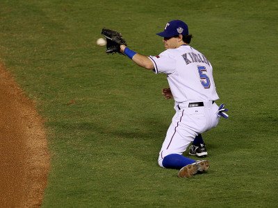 San Francisco Giants v Texas Rangers, Game 4: Ian Kinsler Photographic Poster Print by Stephen Dunn, 12x16