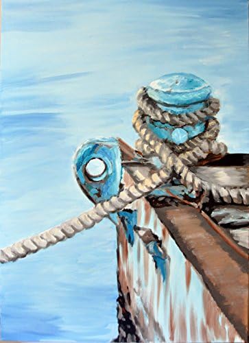 Painting of sea wharf with rope on the shore, original oil painting, Odessa, Ukraine, professional oil painting, oil on canvas, home decor