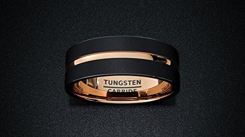 Mens Wedding Band Black Tungsten Ring 8mm Rose Gold Inside Matted Brushed Surface Center Rose Gold Groove Flat Cut Edge Comfort Fit (10.5)