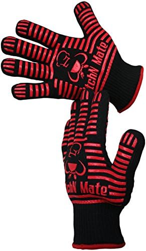 KitchNMate Extreme Protection 932°F Flame and Heat Resistant Double Grill and Oven Gloves with Fingers - Kitchen BBQ Wood Stove Dutch Oven Mitts for Barbecue Grilling Baking - Cut Resistant - Level 4 EN407 Certified - Premium Quality Black Kevlar - Set of 2 Cooking and FirePlace Gloves