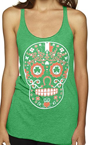 SoRock Women's St. Patrick's Day Sugar Skull Tri Blend Tank Green