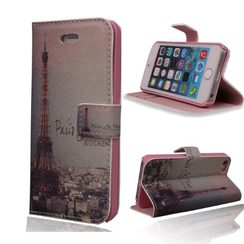TRURENDI Vintage Retro Paris Eiffel Tower Girls Cute Animal Painted Art Series PU Leather Wallet Flip Case Cover with Card Slot and Magnetic Snap for iPhone 4/4S (Night Eiffel Tower)