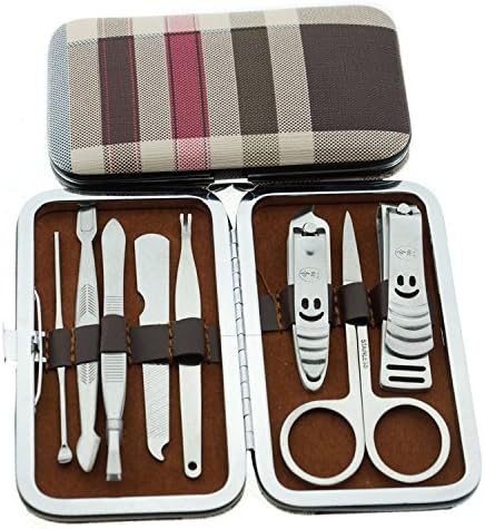Okbool 8pcs Colored Plaid Stainless Steel Manicure Pedicure Set ,Travel & Grooming Set, Personal Care Tools, Nail Scissors Nail Clippers Kit with Leather Case