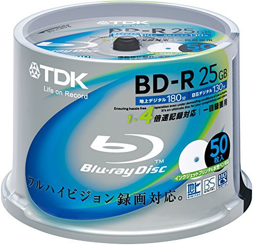 【Amazon.co.jp限定】TDK 録画用ブルーレイディスク BD-R 25GB 1-4倍速 ホワイトワイドプリンタブル 50枚スピンドル BRV25PWB50PK