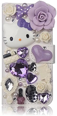 iPhone 6 Case, FiveLimit(TM) For Apple iPhone 6 4.7 3D Luxury Bling Crystal Pearl Love Lavender Hello Kitty Fairy-Tale Flower Flip PU Leather Wallet Case With Credit Card Holder (Package includes: 1 X Screen Protector) (Lavender)