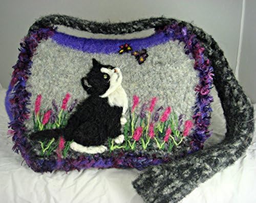 Cat Felted Purse, Felted Handbag,Tuxedo Cat Portrait, Black Cat, Kitten Purse
