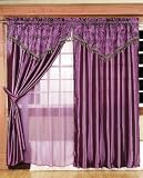 Vintage Satin Purple Embroidery Flower Window Curtain / Drape Set with Printed Sheer Backing-treatment Draperies